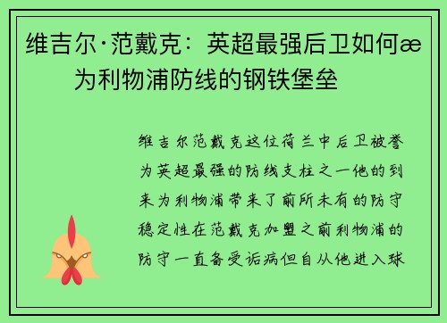 维吉尔·范戴克:英超最强后卫如何成为利物浦防线的钢铁堡垒 维吉尔·范戴克:英超最强后卫如何成为利物浦防线的钢铁堡垒