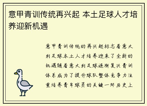 意甲青训传统再兴起 本土足球人才培养迎新机遇 意甲青训传统再兴起 本土足球人才培养迎新机遇