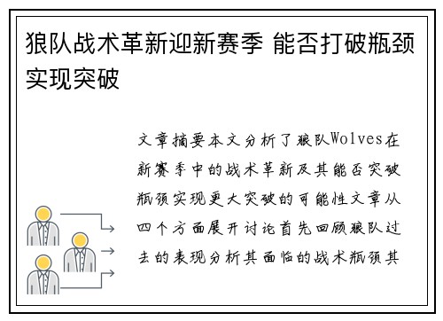 狼队战术革新迎新赛季 能否打破瓶颈实现突破